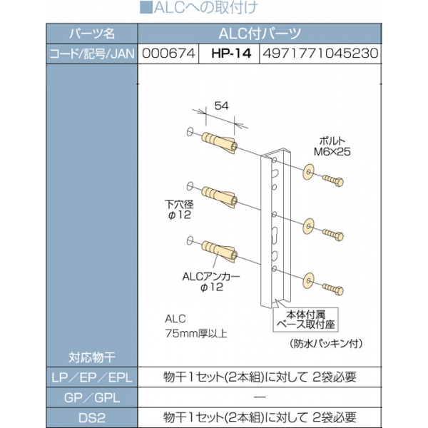 HP-14 取付パーツ（ＡＬＣ） ステンレス六角ボルト＋ＡＬＣアンカー 川口技研 建築金物通販の加藤金物