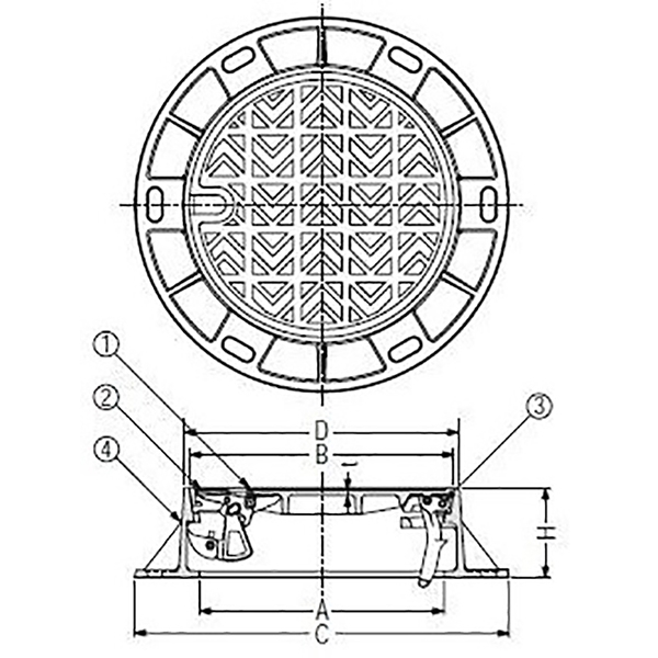 急勾配受構造 逸脱防止型 蝶番式 ノンスリップタイプ 下水道用鉄蓋