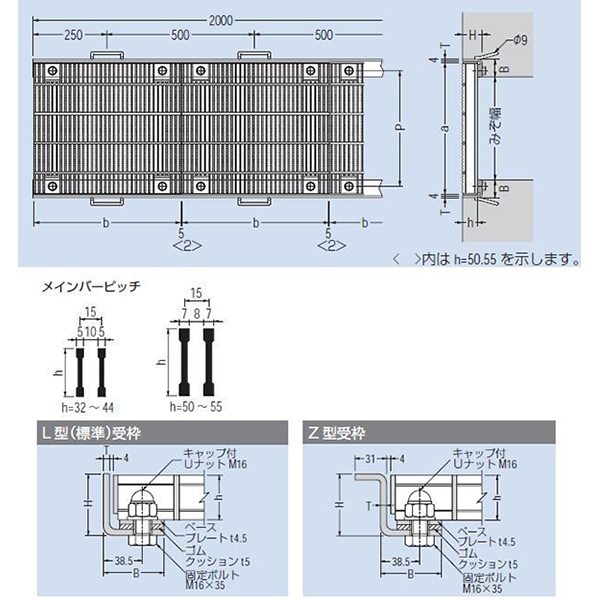 『スチール製グレーチング』細目滑り止め模様付　ボルト固定式　横断溝用（エコノミータイプ） T荷重：T-25