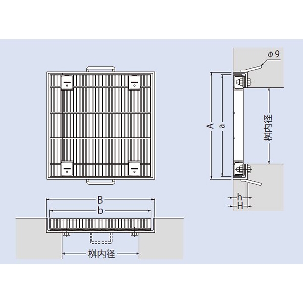QSCL-BC-3338-b-K 『スチール製グレーチング』ボルトキャップ付　ボルト固定式　細目プレーンタイプ　枠付正方形型　集水桝用　クッション材付　 T荷重：T-25 カネソウ | 建築金物通販の加藤金物