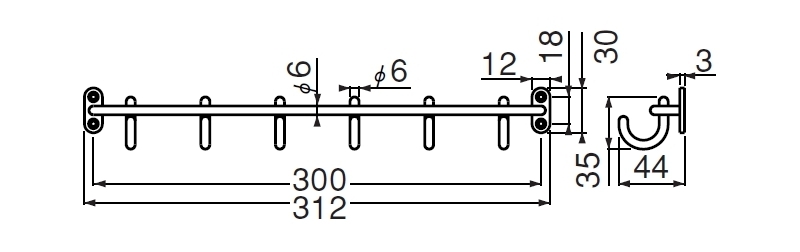 六連フック(鉄/3.1×16)