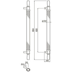 イントレチャートL型取手　両面用（真チュウ+本革/M6×60）標準扉厚38～44mm