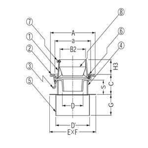 ステンレス鋳鋼製ルーフドレン　デッキプレート打込型　塗膜・モルタル防水用　たて引き　差し込み式