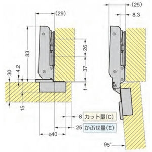 J95タイプ（ワンタッチ　パワフル蝶番　重量扉用）　本体　800-026905