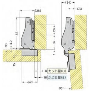 J95タイプ（ワンタッチ　パワフル蝶番　重量扉用）　本体　16mmカブセ　800-033657