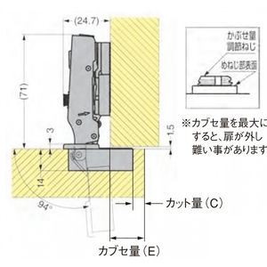 H151タイプ（ダンパー内蔵型ワンタッチ蝶番　厚扉用）　最大27mmカブセ　800-033332