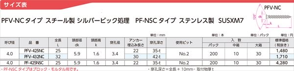 Pレスアンカー　PFV-NCタイプ　スチール製シルバービック処理