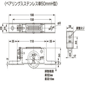 重量横調整戸車28型　H型　ステンレス枠