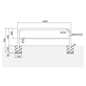 バリカー横型　車止め　スタンダード　ステンレスタイプ　φ60.5　W2000　H650　横桟付き