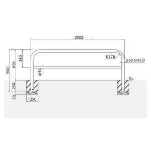 バリカー横型　車止め　スタンダード　ステンレスタイプ　φ60.5　W3000　H650　横桟付き