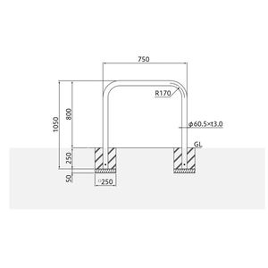 バリカー横型　車止め　スタンダード　ステンレスハイショルダータイプ　φ60.5　W750　H800