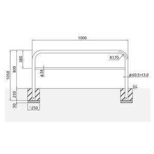 バリカー横型　車止め　スタンダード　ステンレスタイプ　φ60.5　W1000　H800　横桟付き