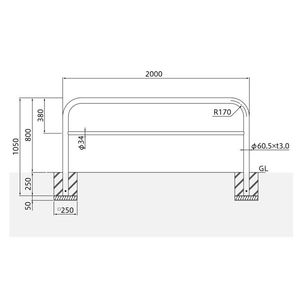 バリカー横型　車止め　スタンダード　ステンレスタイプ　φ60.5　W2000　H800　横桟付き