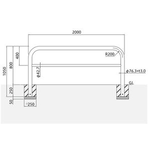 バリカー横型　車止め　スタンダード　ステンレスハイショルダータイプ　φ76.3　W2000　H800　横桟付き