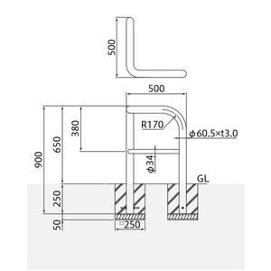 バリカー横型　車止め　スタンダード　ステンレスコーナータイプ　横桟付き　φ60.5　H650