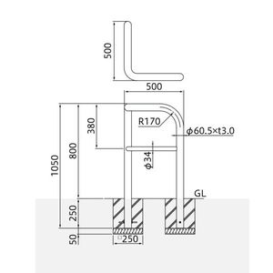 バリカー横型　車止め　スタンダード　ステンレスコーナータイプ（ハイショルダー）　横桟付き　φ60.5　H800