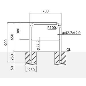 バリカー横型　車止め　スタンダード　ステンレスタイプ　φ42.7　横桟付き