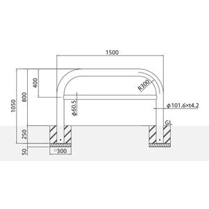 バリカー横型　車止め　スタンダード　スチールハイショルダータイプ　φ101.6　W1500　横桟付き