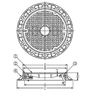急勾配受構造　圧力解放型　蝶番式　ノンスリップタイプ 下水道用鉄蓋 自動ロック機構付 T荷重：T-14