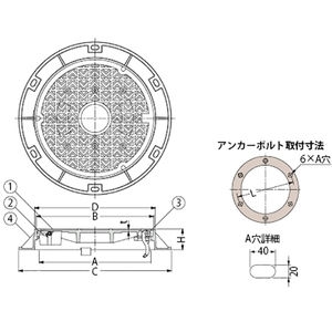 急勾配受構造　逸脱防止型　蝶番式 下水道用鉄蓋　ノンスリップタイプ T荷重：T-25 グレードA