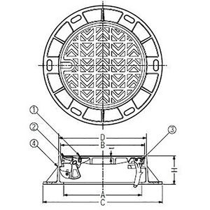 急勾配受構造　逸脱防止型　蝶番式　ノンスリップタイプ　下水道用鉄蓋 自動ロック機構付 T荷重：T-14