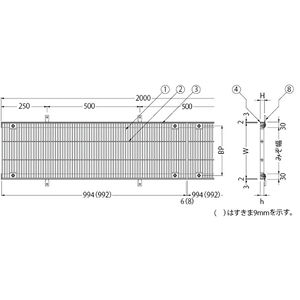 『ステンレス製グレーチング』ボルト固定式　滑り止め模様付　横断溝・側溝用　T荷重：T-2　すきま9mm(P=13mm)