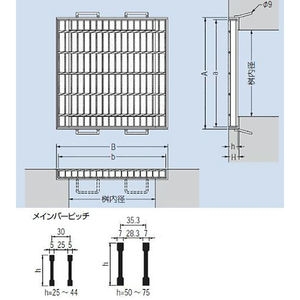 『スチール製グレーチング』滑り止め模様付　枠付正方形型　集水桝用　受枠処理：樹脂系塗装-K　T荷重：T-25