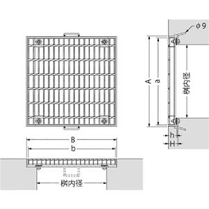 『スチール製グレーチング』ボルト固定式　滑り止め模様付　枠付正方形型　集水桝用　クッション材なし　T荷重：T-25