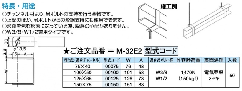 吊金具チャンネル用 M 32e2 125 65 建設パーツなど建築金物激安通販の加藤金物