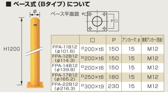 スチール製 ロングピラー ベース式 フックなし FPA-14B12(Y) (Y)黄
