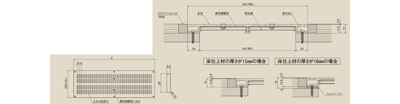 体育館フロア換気口B5型 防虫網および換気調整板付 アルミニウム製