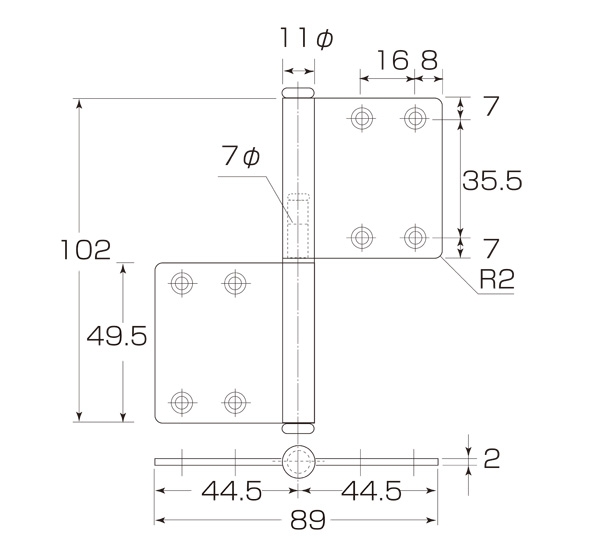 ステンレス ルーム丁番2R(両面皿) S-45R HL サイズ102×89 : 建設パーツなど建築金物激安通販の加藤金物