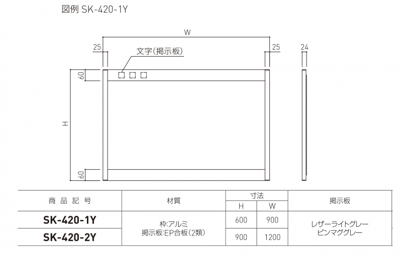 アルミ掲示板(後付フレーム型) SK-420-1Y ピンマグ(グレー) H600、W900