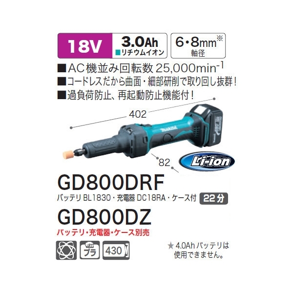 マキタ(makita) GD800DZ 充電式ハンドグラインダー 18V 軸径6〜8mm （バッテリー 充電器別売） 通販 